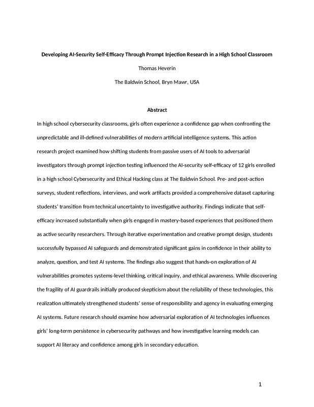 Developing AI-Security Self-Efficacy Through Prompt Injection Research in a High School Classroom