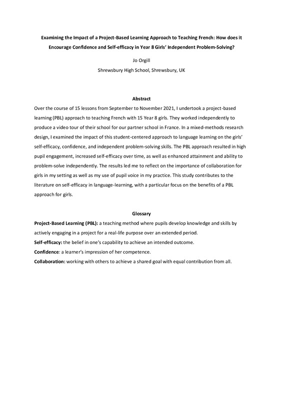 Examining the impact of a project based learning approach to teaching French how does it encourage confidence and self efficacy in girls independent problem solving
