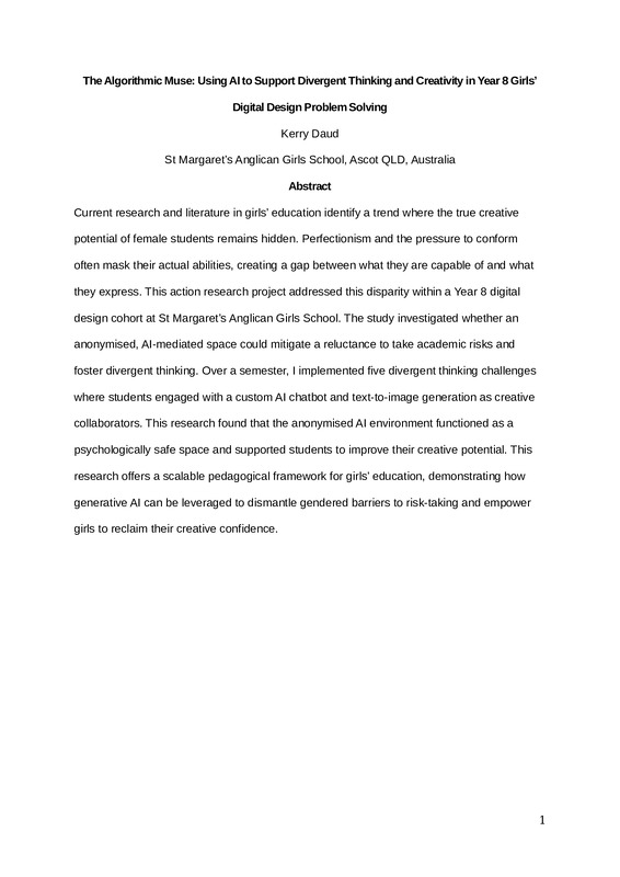 The Algorithmic Muse: Using AI to Support Divergent Thinking and Creativity in Year 8 Girls’ Digital Design Problem Solving