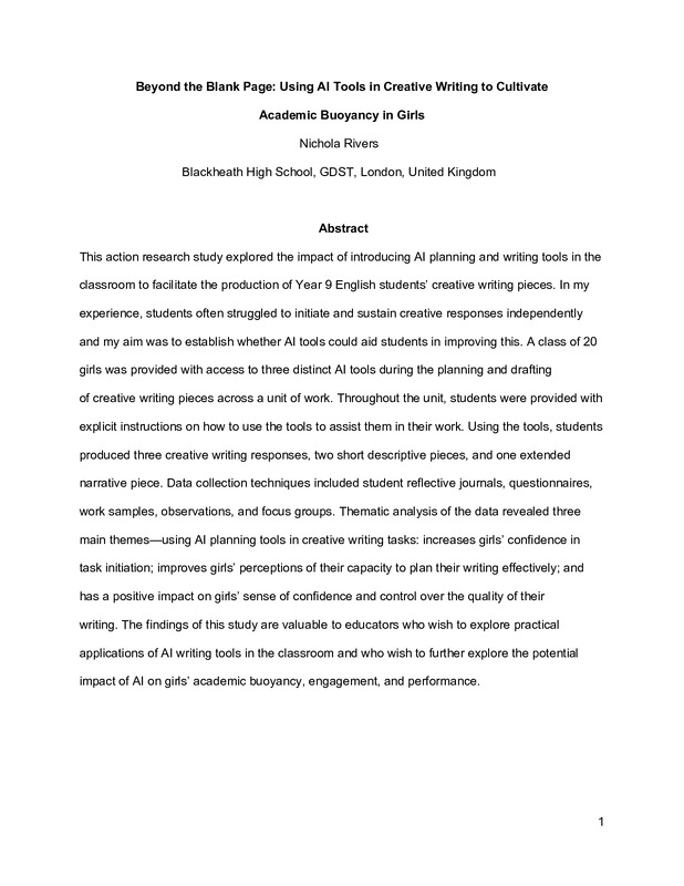 Beyond the Blank Page: Using AI Tools in Creative Writing to Cultivate 
Academic Buoyancy in Girls