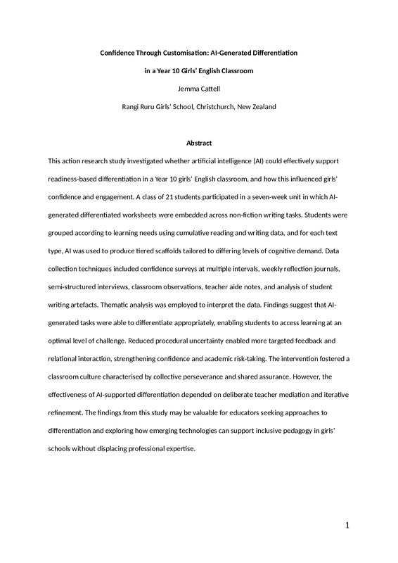 Confidence Through Customisation: AI-Generated Differentiation in a Year 10 Girls’ English Classroom