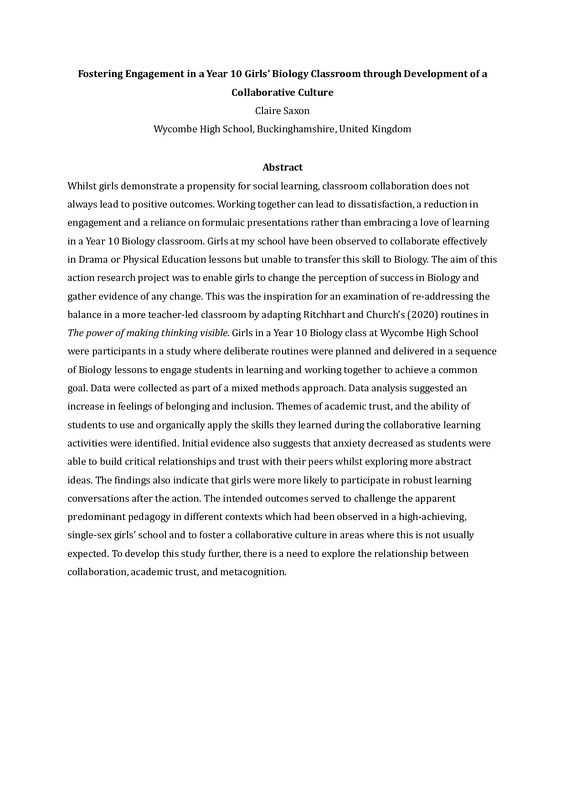 Fostering Engagement in a Year 10 Girls’ Biology Classroom through Development of a Collaborative Culture