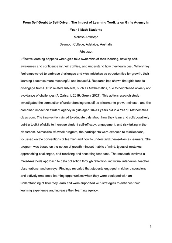 From Self-Doubt to Self-Driven: The Impact of Learning Toolkits on Girl’s Agency in Year 5 Math Students