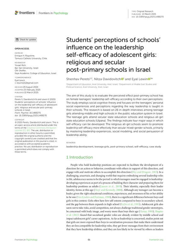 Students’ perceptions of schools’ influence on the leadership self-efficacy of adolescent girls: religious and secular post-primary schools in Israel