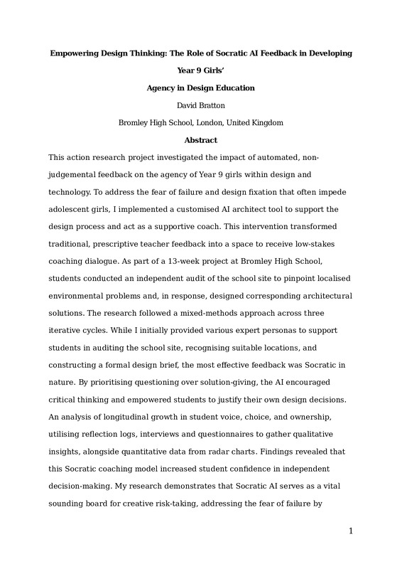 Empowering Design Thinking: The Role of Socratic AI Feedback in Developing Year 9 Girls’ Agency in Design Education