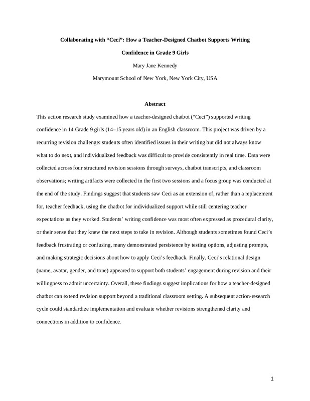 Collaborating with “Ceci”: How a Teacher-Designed Chatbot Supports Writing Confidence in Grade 9 Girls