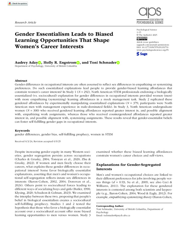 Gender Essentialism Leads to Biased Learning Opportunities That Shape Women’s Career Interests