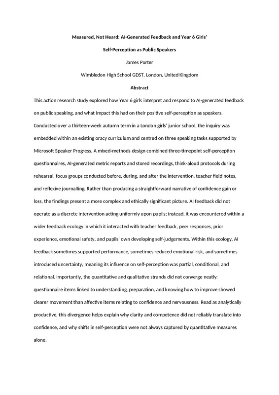 Measured, Not Heard: AI-Generated Feedback and Year 6 Girls’ Self-Perception as Public Speakers