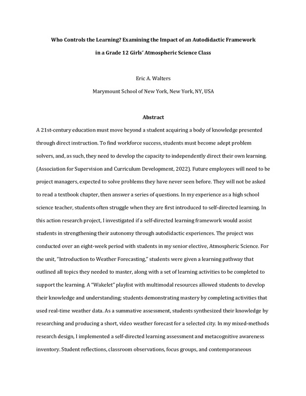 Who Controls the Learning? Examining the Impact of an Autodidactic Framework in a Grade 12 Girls’ Atmospheric Science Class