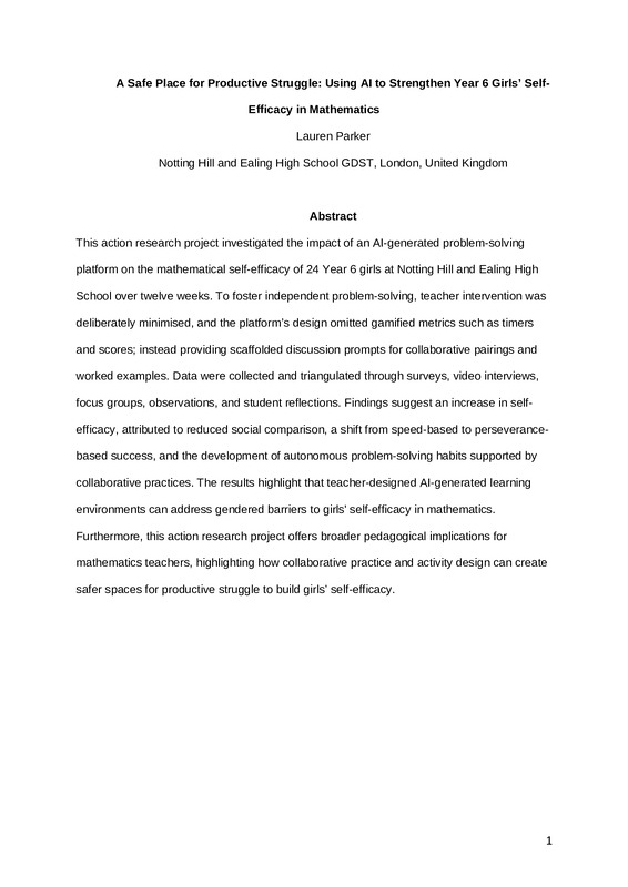 A Safe Place for Productive Struggle: Using AI to Strengthen Year 6 Girls’ Self-Efficacy in Mathematics