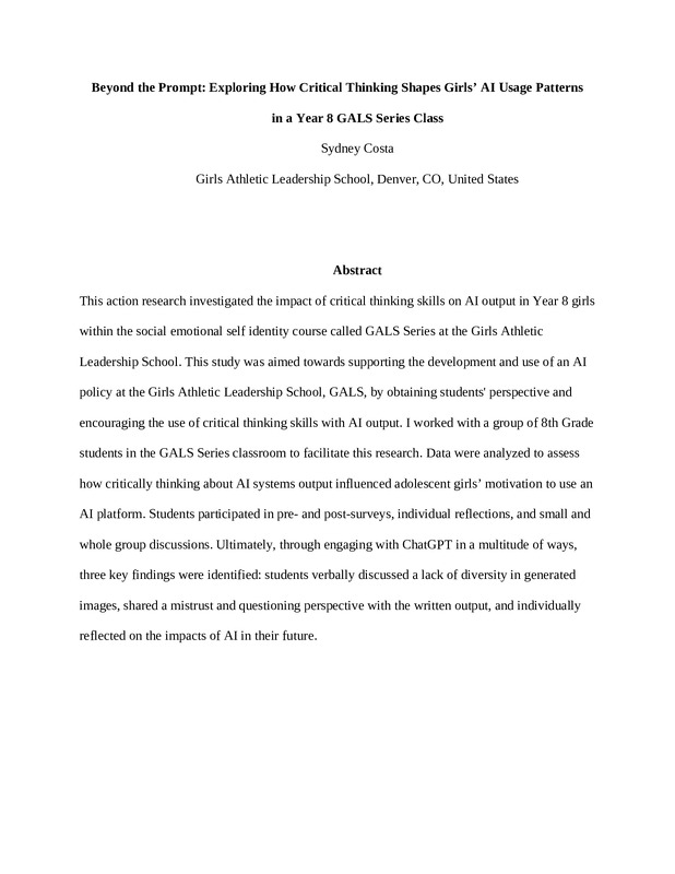 Beyond the Prompt: Exploring How Critical Thinking Shapes Girls’ AI Usage Patterns in a Year 8 GALS Series Class