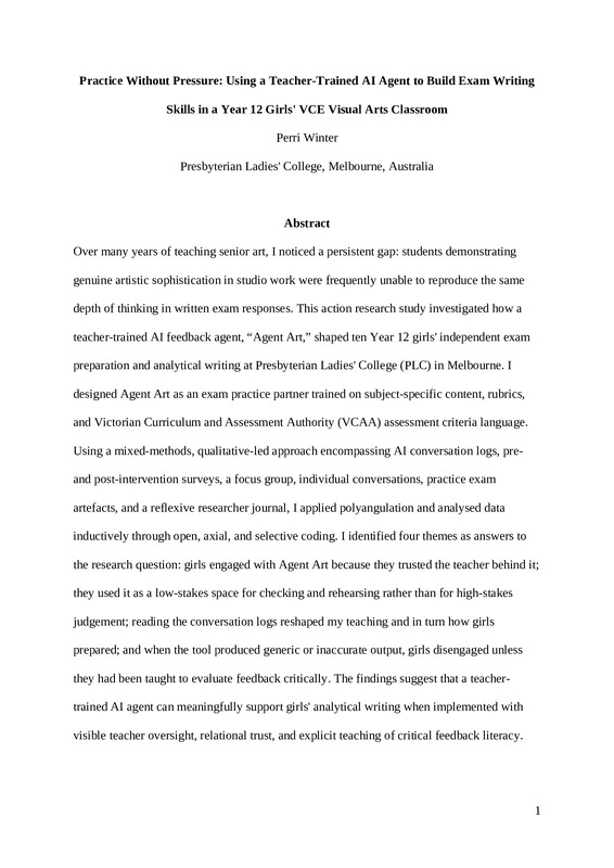 Practice Without Pressure: Using a Teacher-Trained AI Agent to Build Exam Writing Skills in a Year 12 Girls' VCE Visual Arts Classroom