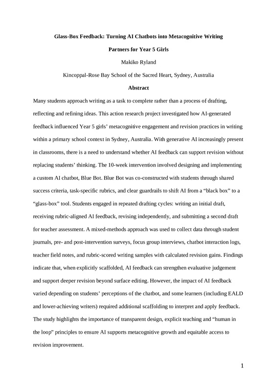 Glass-Box Feedback: Turning AI Chatbots into Metacognitive Writing Partners for Year 5 Girls