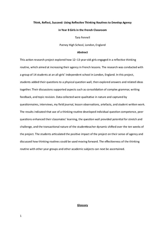 Think, Reflect, Succeed: Using Reflective Thinking Routines to Develop Agency in Year 8 Girls in the French Classroom