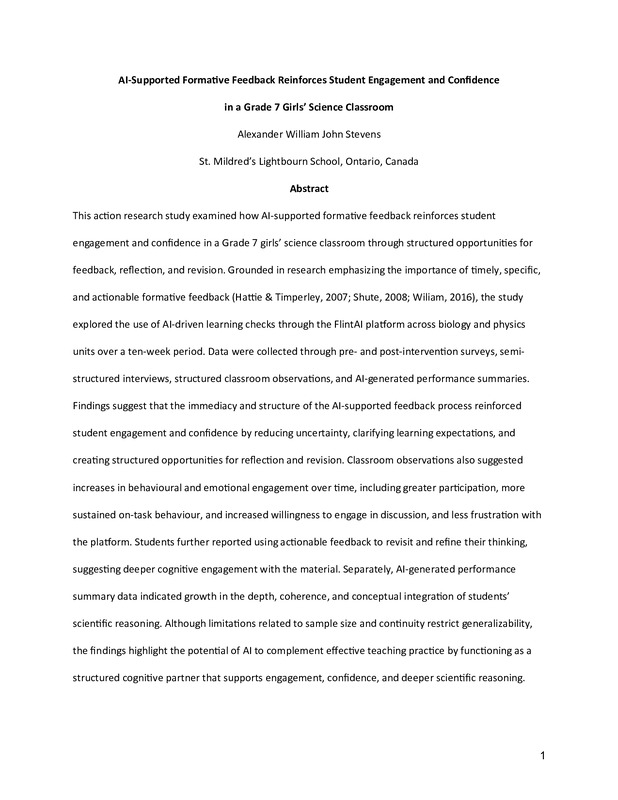 AI-Supported Formative Feedback Reinforces Student Engagement and Confidence in a Grade 7 Girls’ Science Classroom