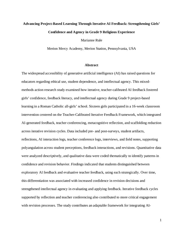 Advancing Project-Based Learning Through Iterative AI Feedback: Strengthening Girls’ Confidence and Agency in Grade 9 Religious Experience