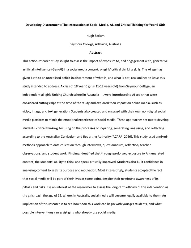 Developing Discernment: The Intersection of Social Media, AI, and Critical Thinking for Year 6 Girls