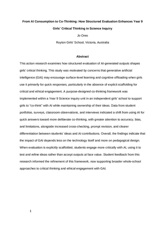 From AI Consumption to Co-Thinking: How Structured Evaluation Enhances Year 9 Girls’ Critical Thinking in Science Inquiry