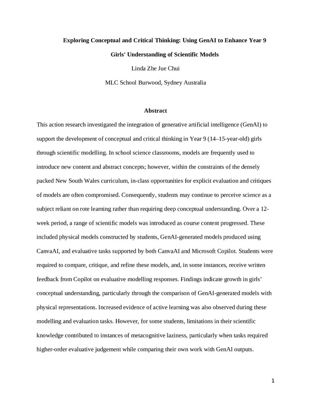 Exploring Conceptual and Critical Thinking: Using GenAI to Enhance Year 9 Girls' Understanding of Scientific Models